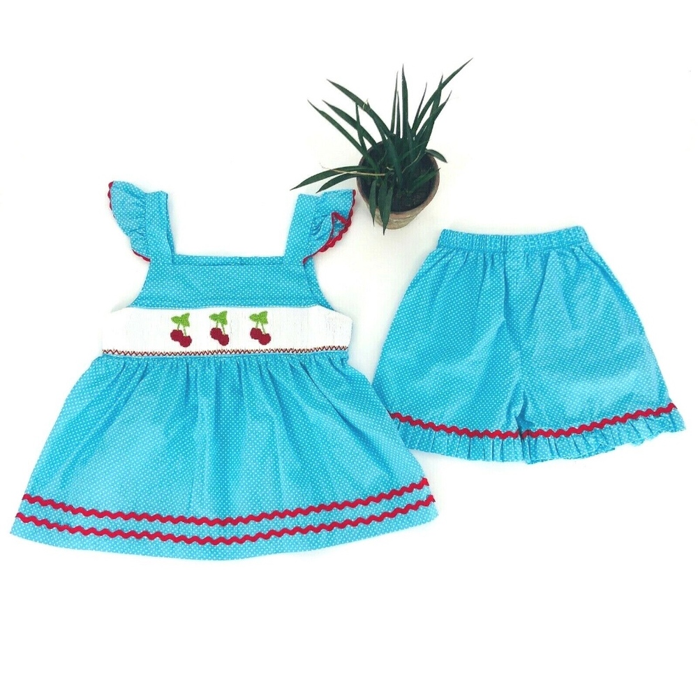Smocked Auctions Size 7 Kids Outfit Set Blue and W
